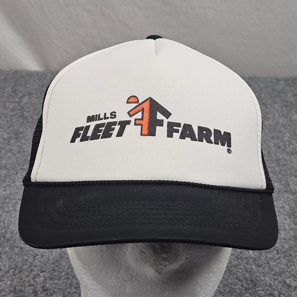 Mills Fleet Farm Trucker Hat Cap  Black White Mesh Snapback Logo Cap
